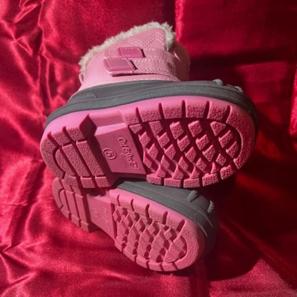 Cat & Jack Snow Boots Kids Size 5 Pink Gray Good Faux Fur Lined‎ Duck Boots